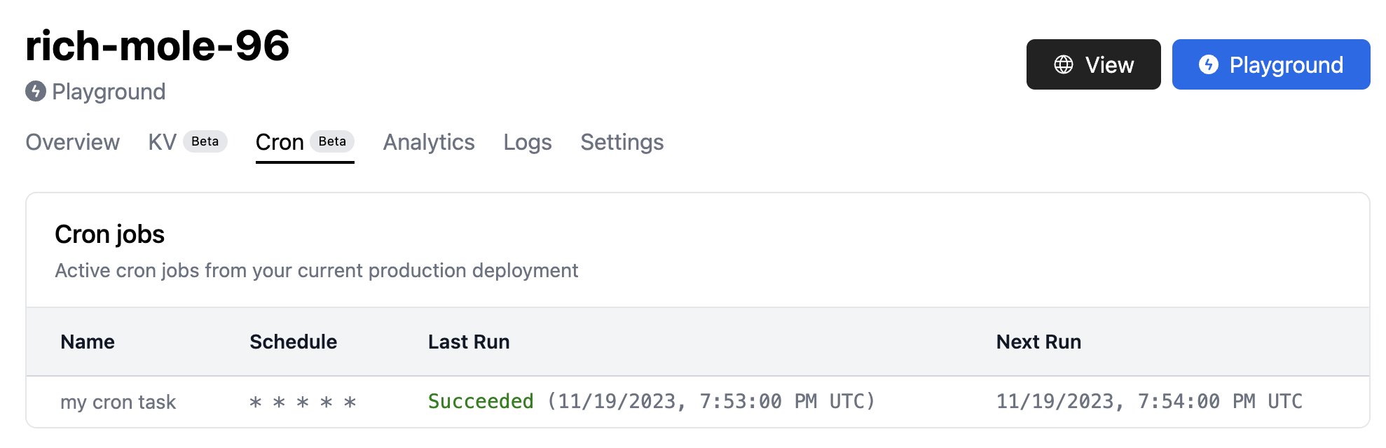 Deno 仪表板中 cron 任务的列表