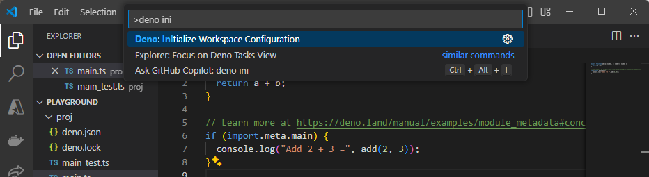 VSCode 命令面板，选中 Deno: Initialize Workspace Configuration 选项。